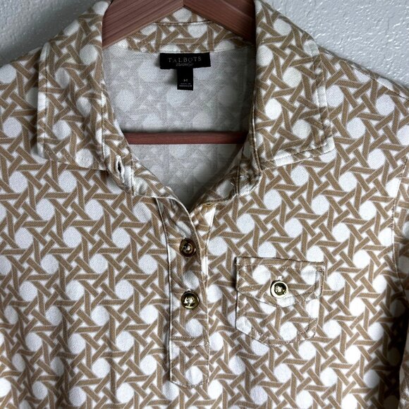 Talbots Womens Beige & White Geometric Print Polo Shirt With 3/4 Sleeves Sz M - Picture 8 of 9